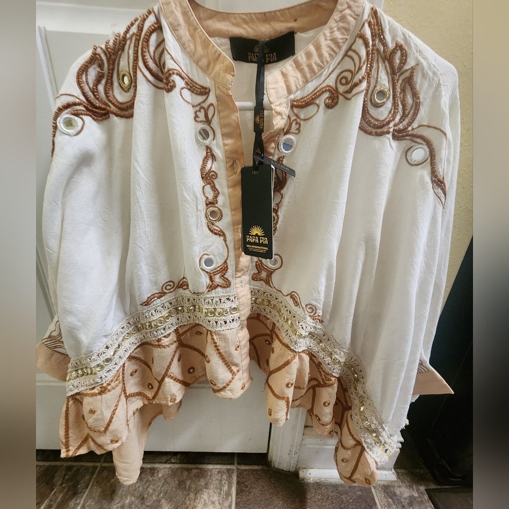 White & Tan Embroidered Crop Top